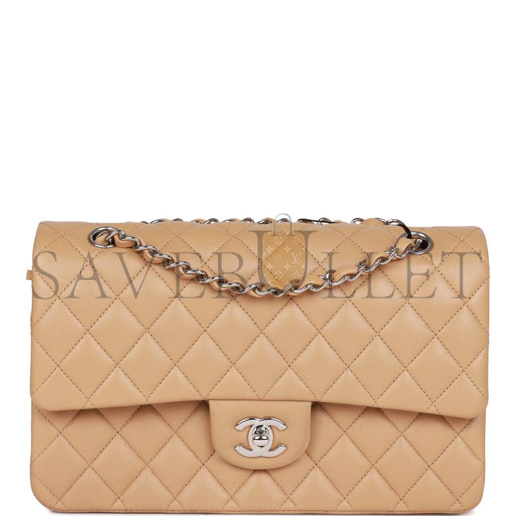 CHANEL MEDIUM CLASSIC DOUBLE FLAP BAG BEIGE LAMBSKIN SILVER HARDWARE CHANEL MEDIUM CLASSIC DOUBLE FLAP BAG BEIGE LAMBSKIN SILVER HARDWARE