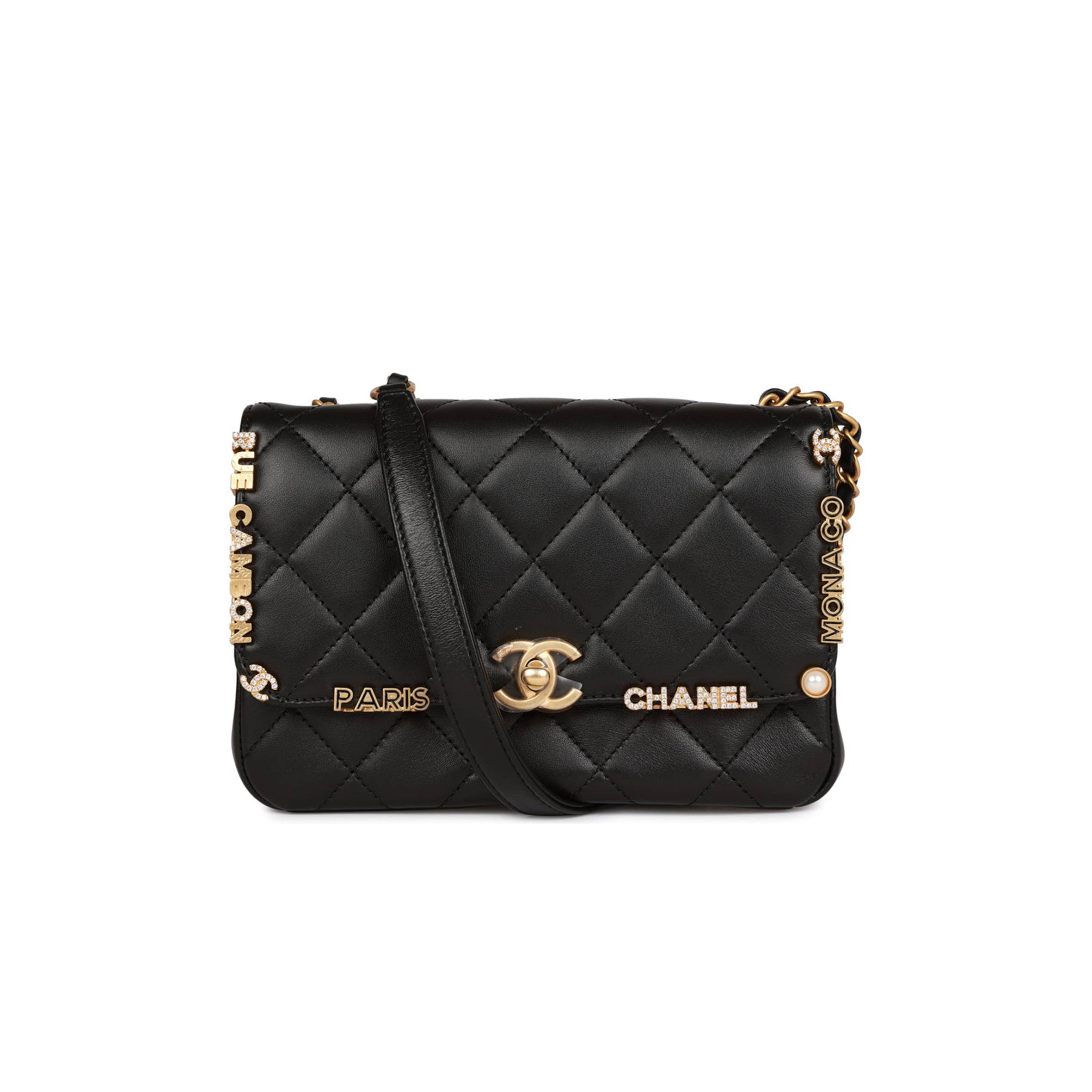 CHANEL MONACO MINI FLAP BAG BLACK LAMBSKIN ANTIQUE GOLD HARDWARE CHANEL MONACO MINI FLAP BAG BLACK LAMBSKIN ANTIQUE GOLD HARDWARE