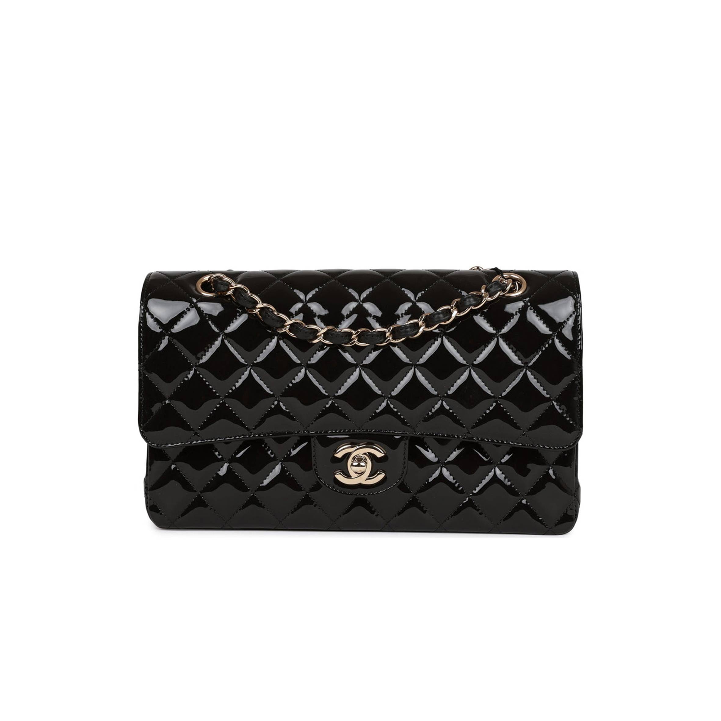 CHANEL MEDIUM CLASSIC DOUBLE FLAP BAG BLACK PATENT LIGHT GOLD HARDWARE