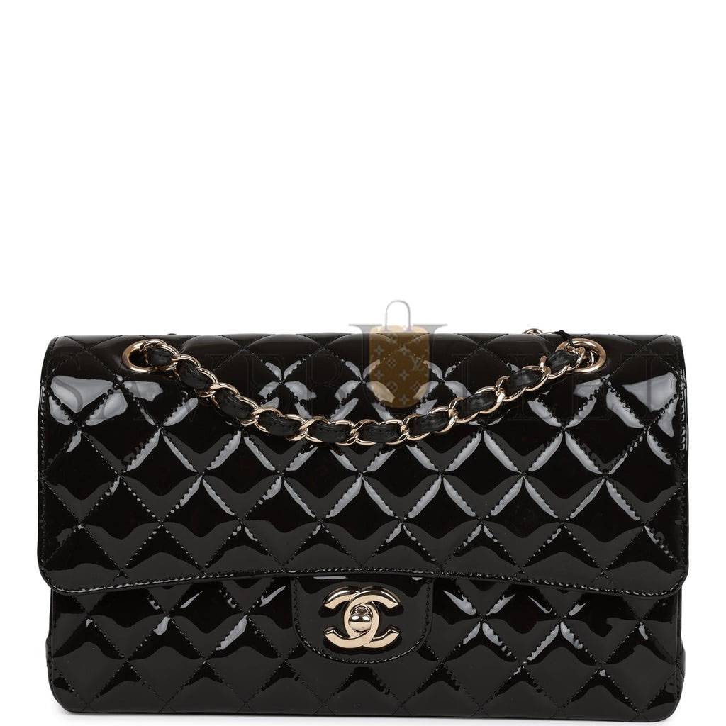 CHANEL MEDIUM CLASSIC DOUBLE FLAP BAG BLACK PATENT LIGHT GOLD HARDWARE