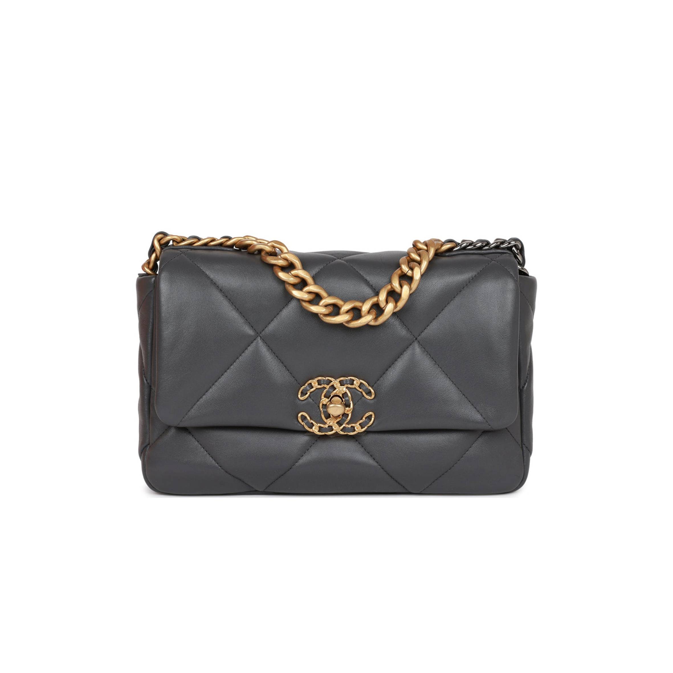 CHANEL MEDIUM 19 FLAP BAG GREY CALFSKIN MIXED HARDWARE CHANEL MEDIUM 19 FLAP BAG GREY CALFSKIN MIXED HARDWARE