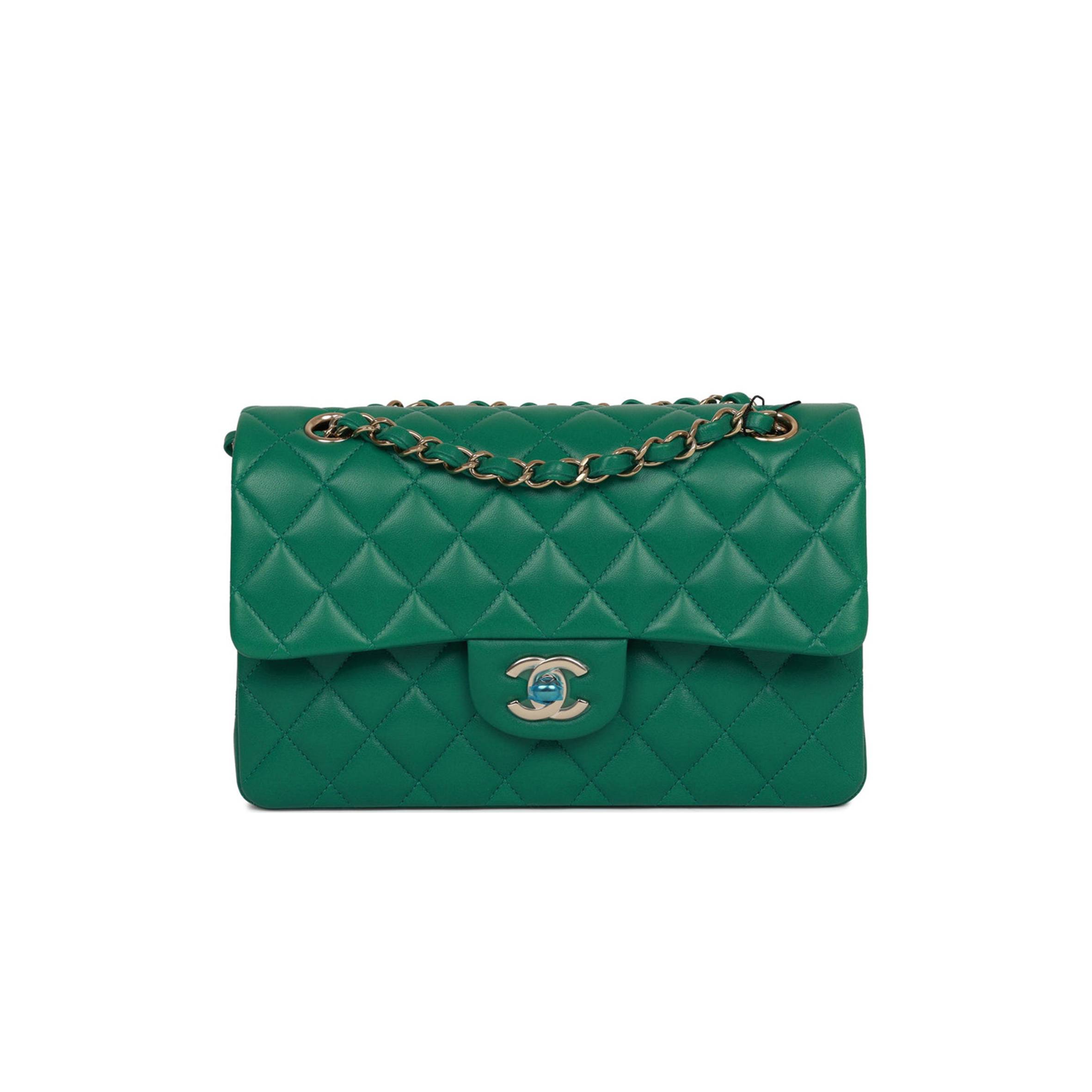 CHANEL SMALL CLASSIC DOUBLE FLAP BAG GREEN LAMBSKIN LIGHT GOLD HARDWARE CHANEL SMALL CLASSIC DOUBLE FLAP BAG GREEN LAMBSKIN LIGHT GOLD HARDWARE