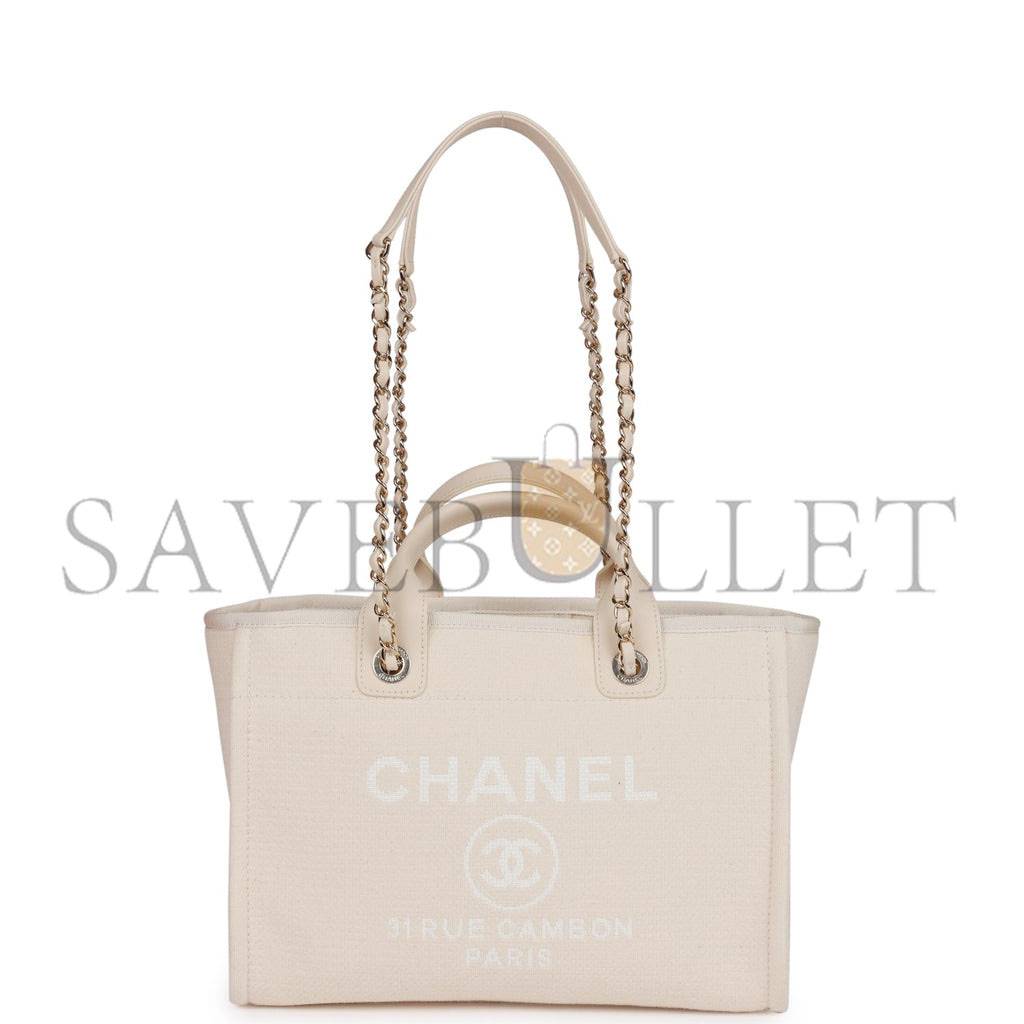 CHANEL SMALL DEAUVILLE SHOPPING BAG WHITE BOUCLE LIGHT GOLD HARDWARE CHANEL SMALL DEAUVILLE SHOPPING BAG WHITE BOUCLE LIGHT GOLD HARDWARE