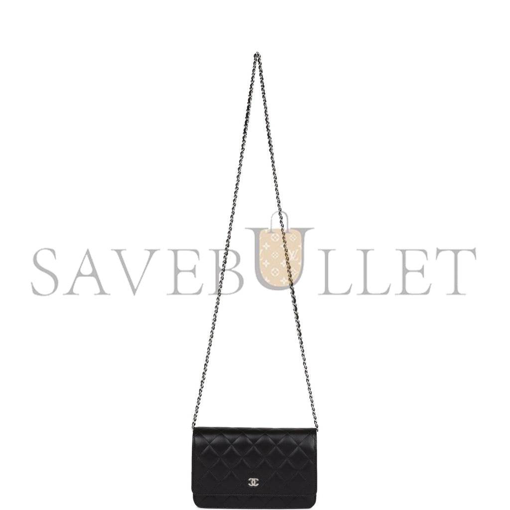 CHANEL WALLET ON CHAIN WOC BLACK LAMBSKIN SILVER HARDWARE (19*12*4cm)