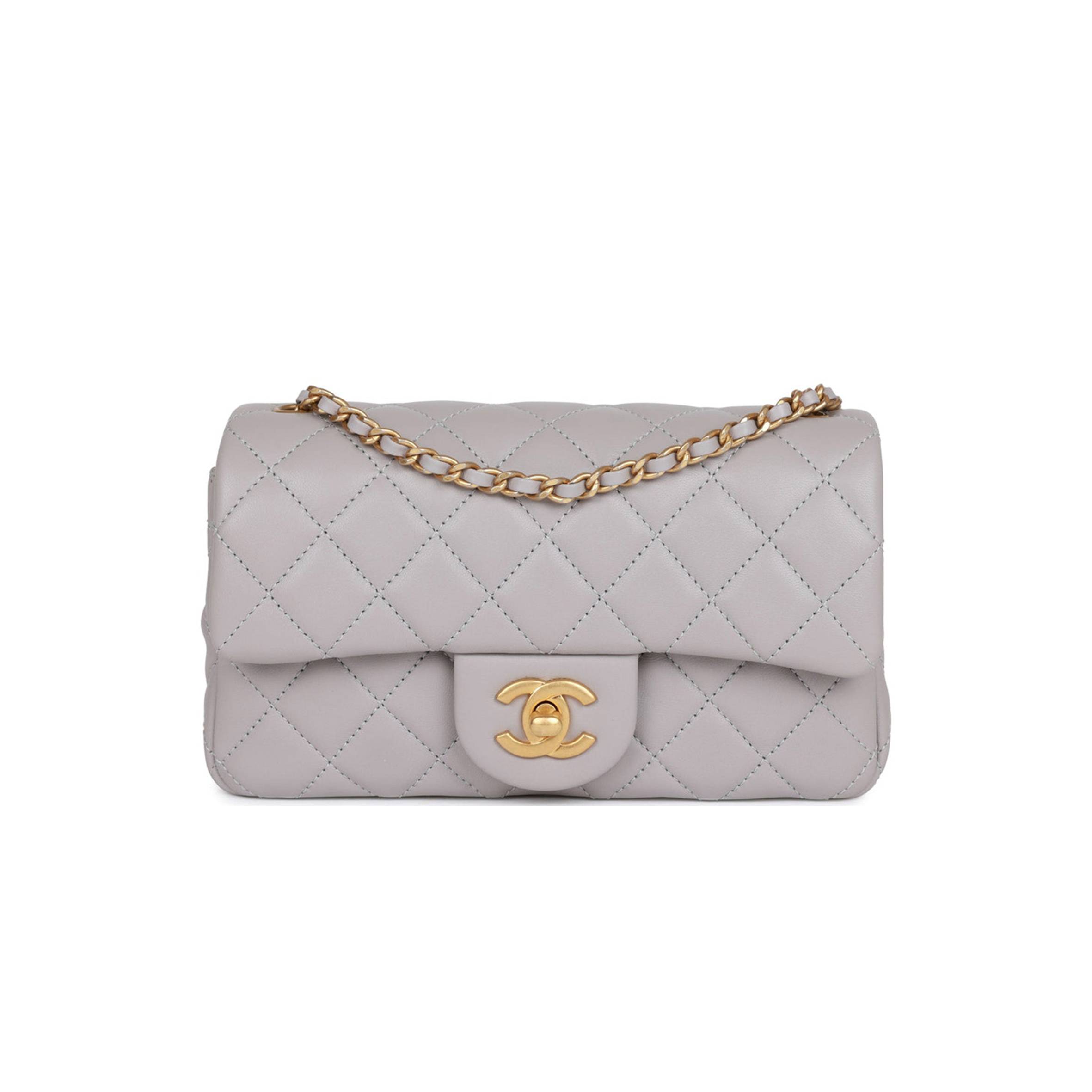 CHANEL PEARL CRUSH MINI RECTANGULAR FLAP BAG LIGHT GREY LAMBSKIN ANTIQUE GOLD HARDWARE