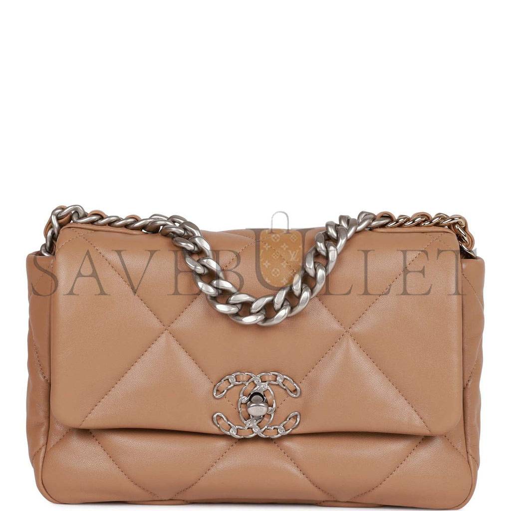 CHANEL MEDIUM 19 FLAP BAG BEIGE CALFSKIN MIXED HARDWARE