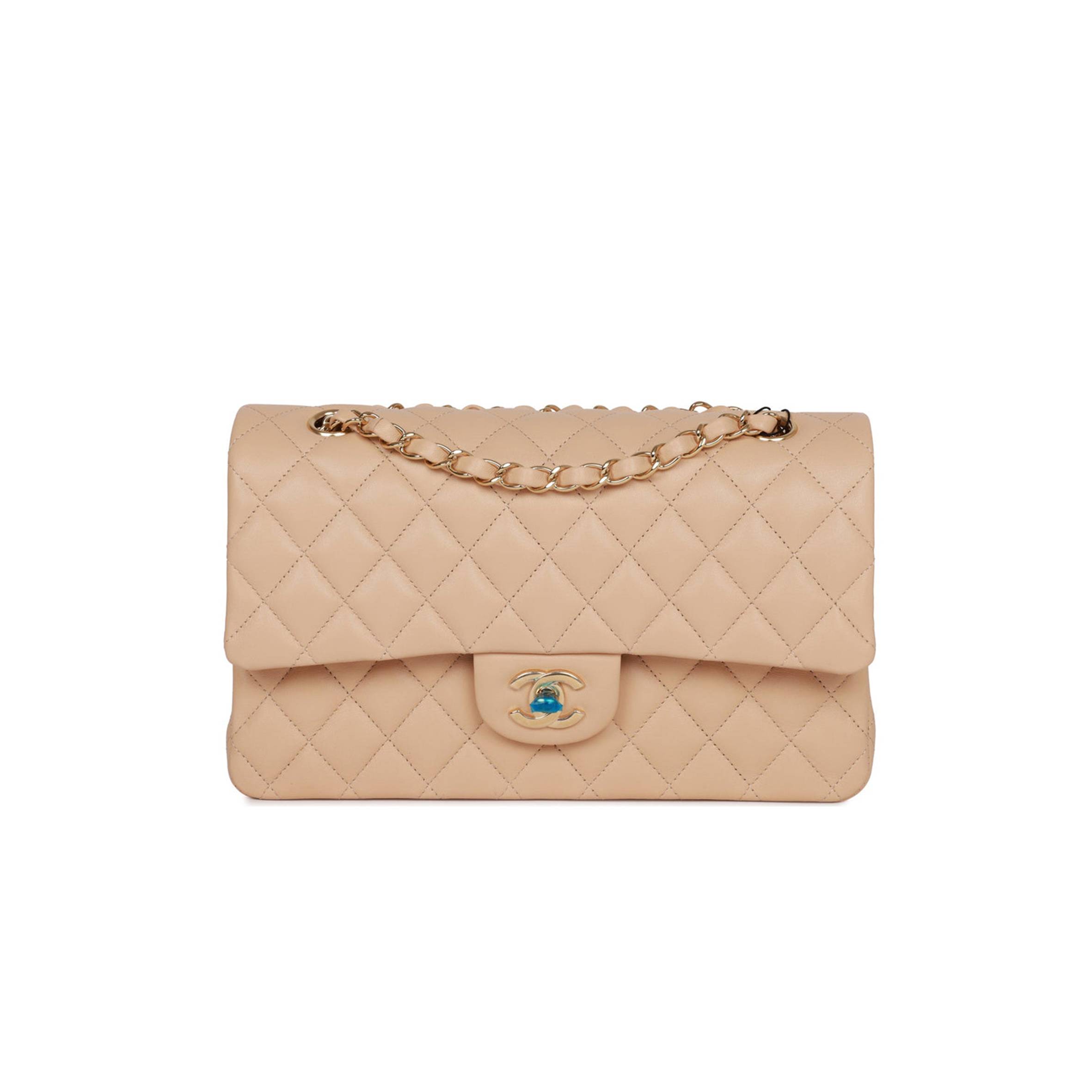 CHANEL MEDIUM CLASSIC DOUBLE FLAP BAG BEIGE LAMBSKIN LIGHT GOLD HARDWARE CHANEL MEDIUM CLASSIC DOUBLE FLAP BAG BEIGE LAMBSKIN LIGHT GOLD HARDWARE