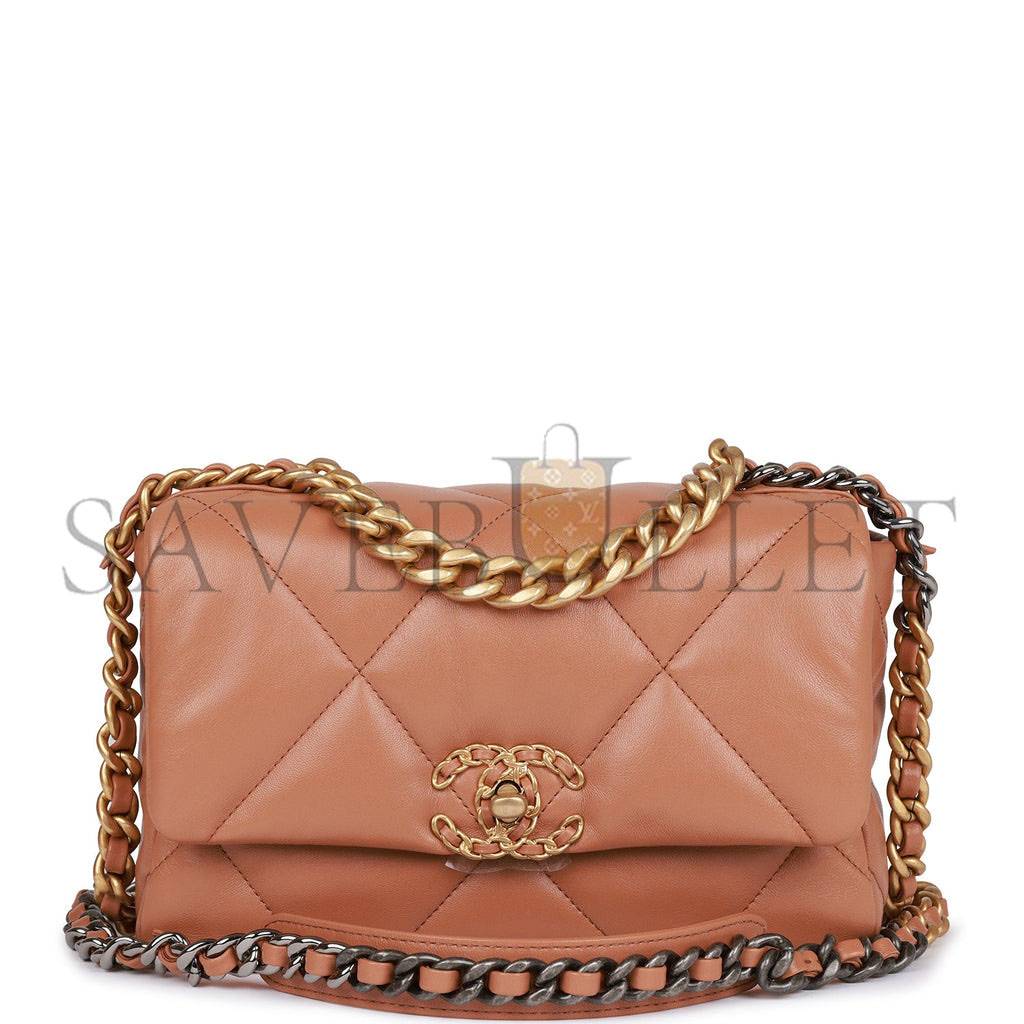 CHANEL MEDIUM 19 FLAP BAG CARAMEL CALFSKIN MIXED HARDWARE CHANEL MEDIUM 19 FLAP BAG CARAMEL CALFSKIN MIXED HARDWARE