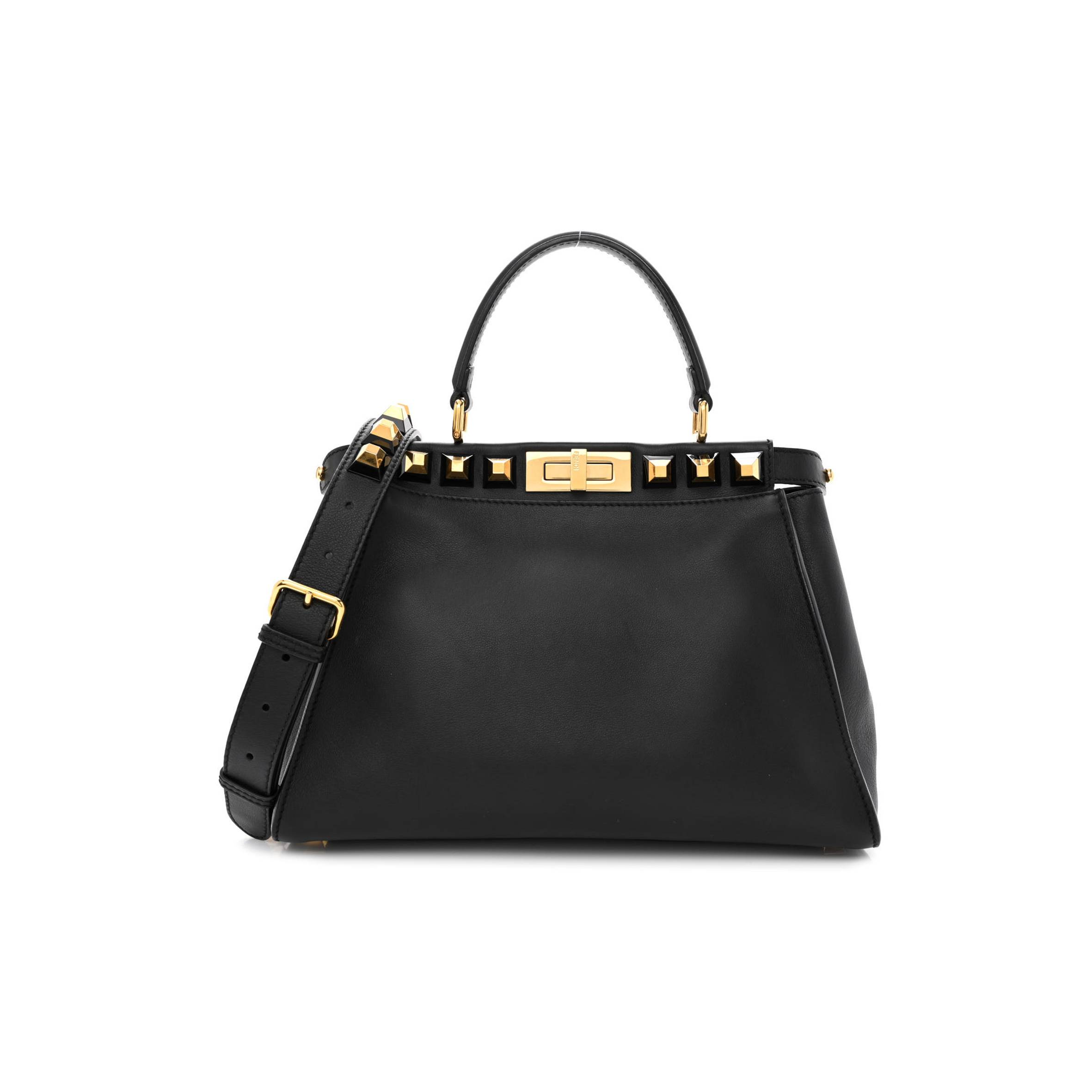 FENDI CALFSKIN STUDDED MEDIUM PEEKABOO ICONIC SATCHEL BLACK FENDI CALFSKIN STUDDED MEDIUM PEEKABOO ICONIC SATCHEL BLACK