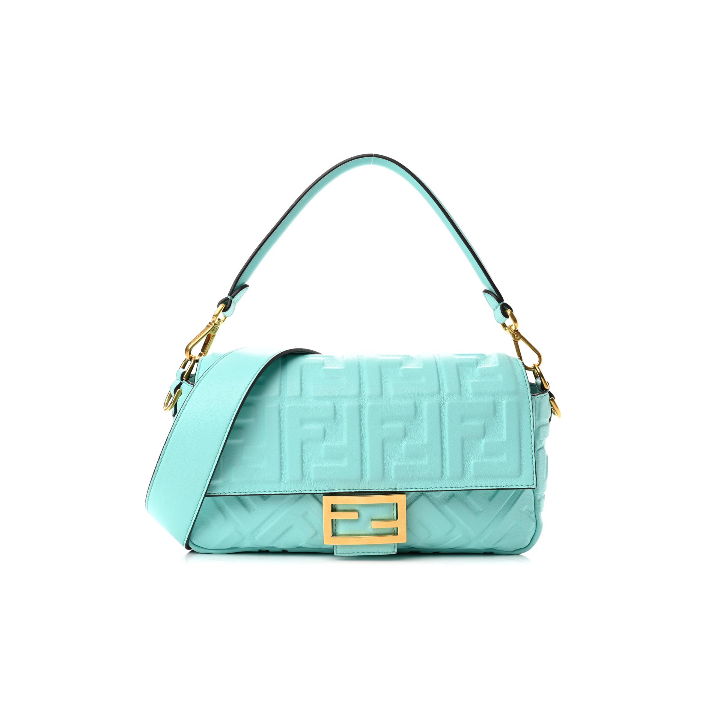 FENDI NAPPA FF 1974 EMBOSSED BAGUETTE SPRING TURQUOISE FENDI NAPPA FF 1974 EMBOSSED BAGUETTE SPRING TURQUOISE